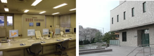 中央管理室（取水から浄水・給水までを監視）と高度浄水処理棟の写真