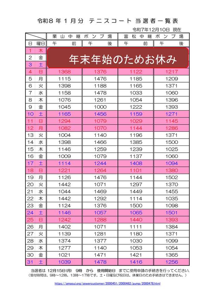 令和8年1月分テニスコート当選者一覧表